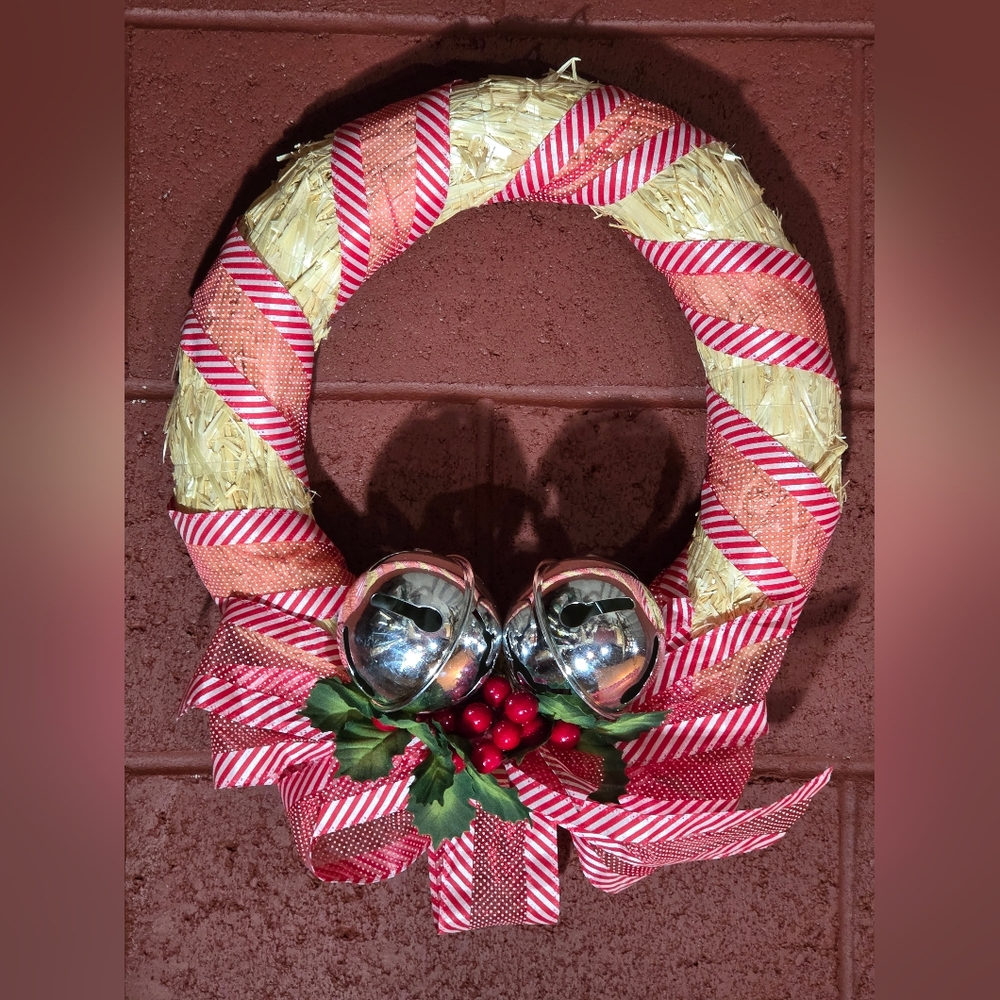 Festive Holiday Wreath with Silver Bells, Red Striped Ribbon.